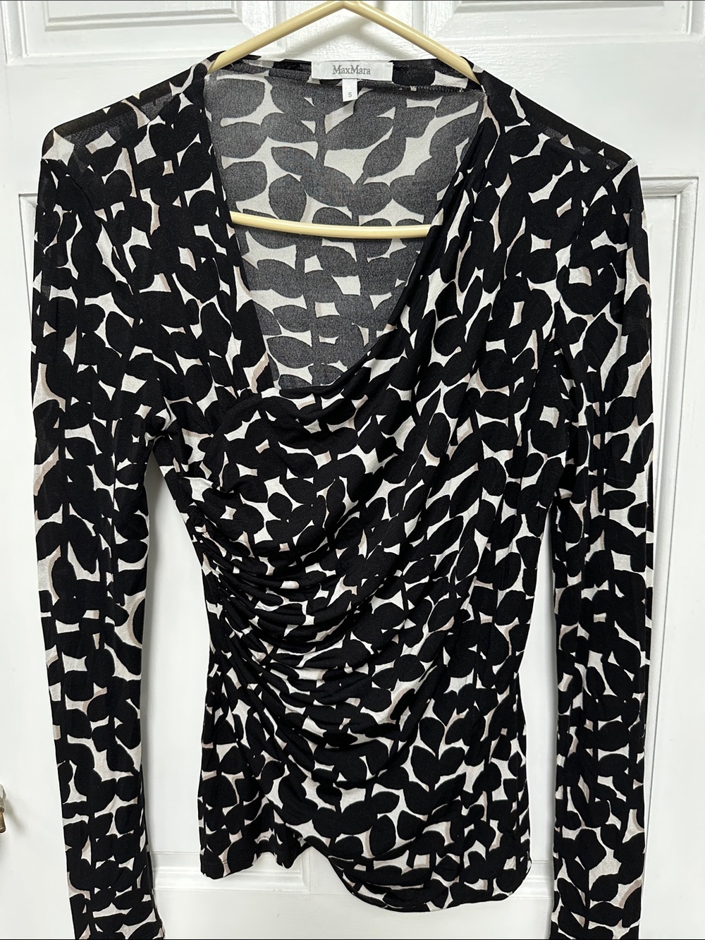 MaxMara Black & White Leaf-Print Draped Long-Sleeve Top